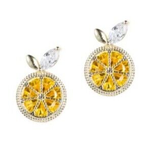 Eye Candy LA Luxe Earrings Crystal LEMON ZEST Fruit 18k Gold Plate CZ Stone Stud